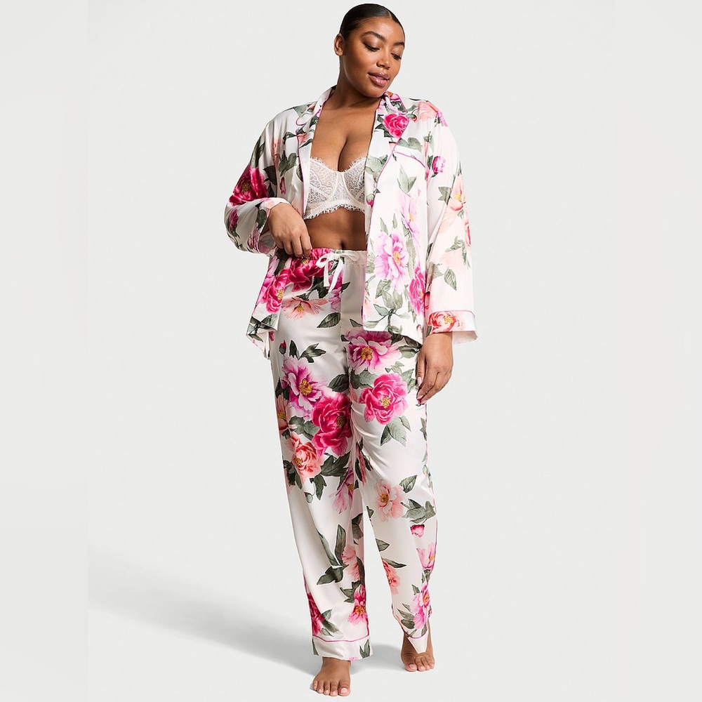 Victoria Secrets Glazed Satin Long Pink Floral Pajama Set Long Sleeve